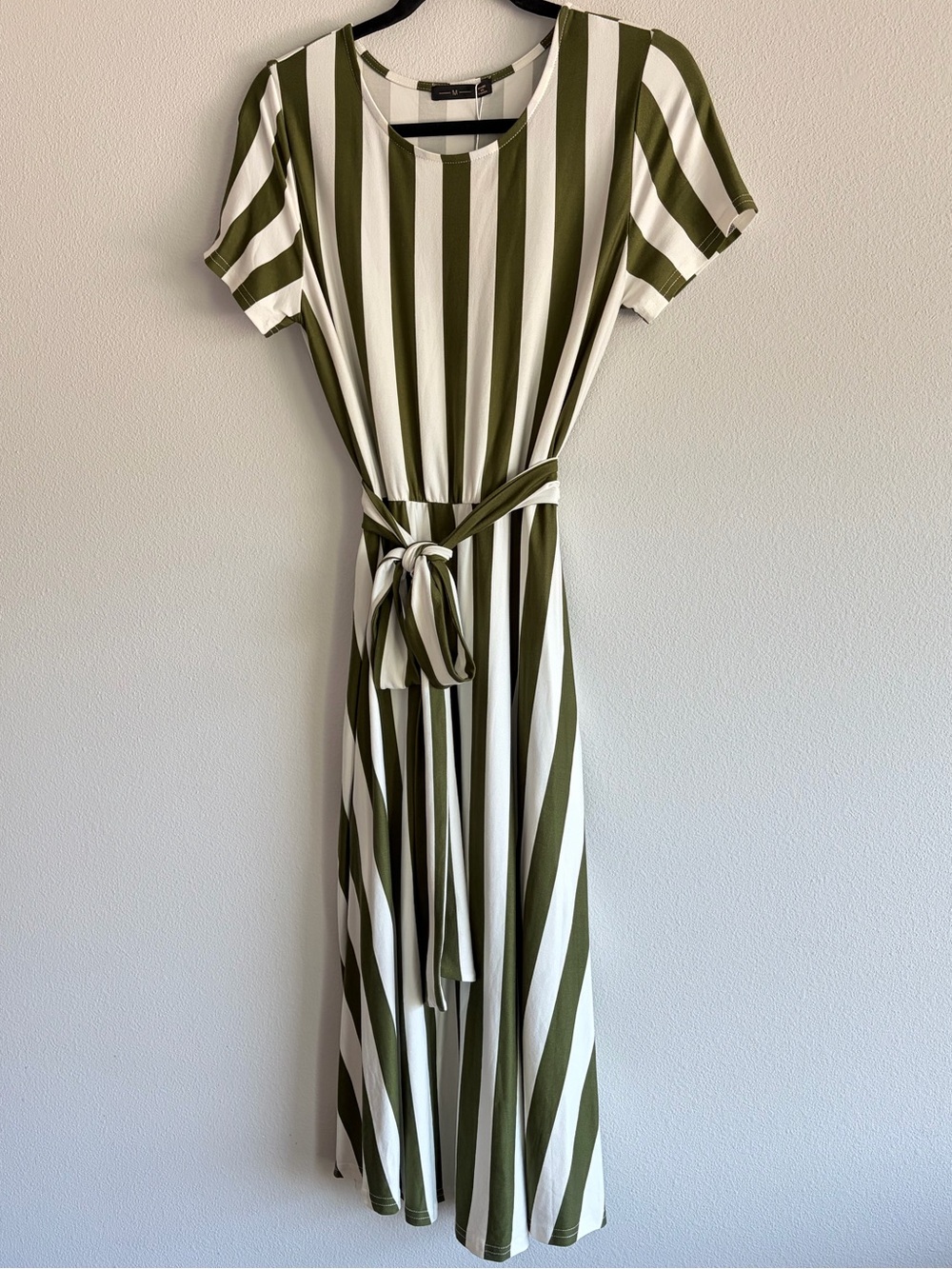 Olive & White Striped Tie-Waist Midi Dress - Olive